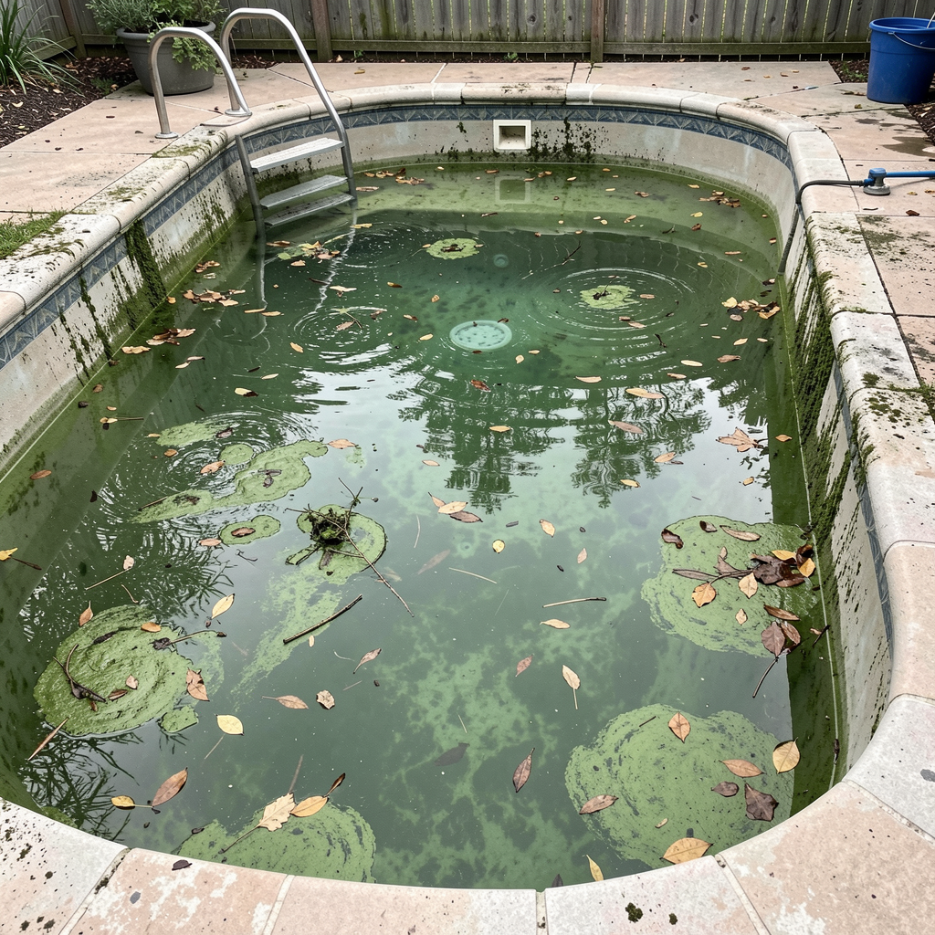 Green neglected pool before cleaning